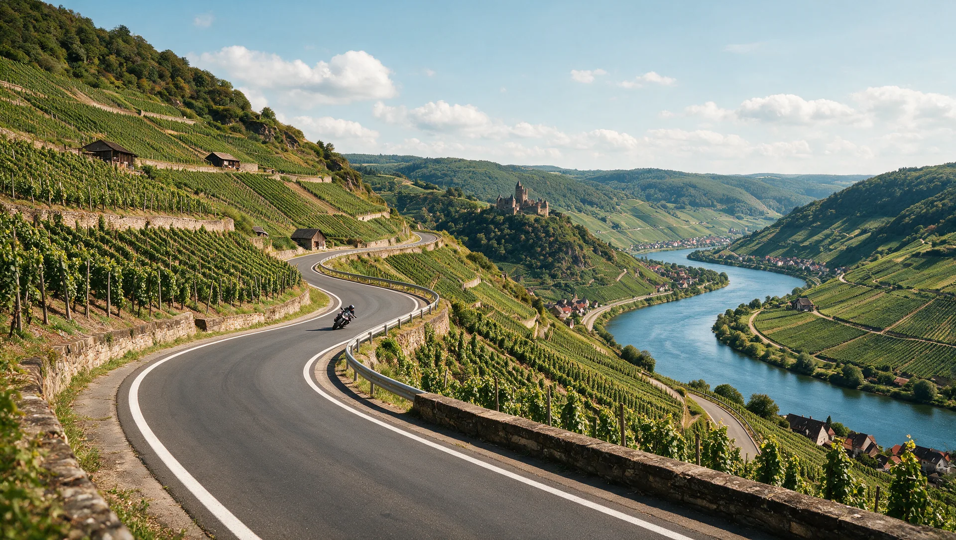 Motorradfahrer in Schräglage auf einer kurvigen Straße im Moseltal, mit steilen Weinbergen an den Hängen, dem gewundenen Fluss im Tal und einer Burg auf dem Bergrücken