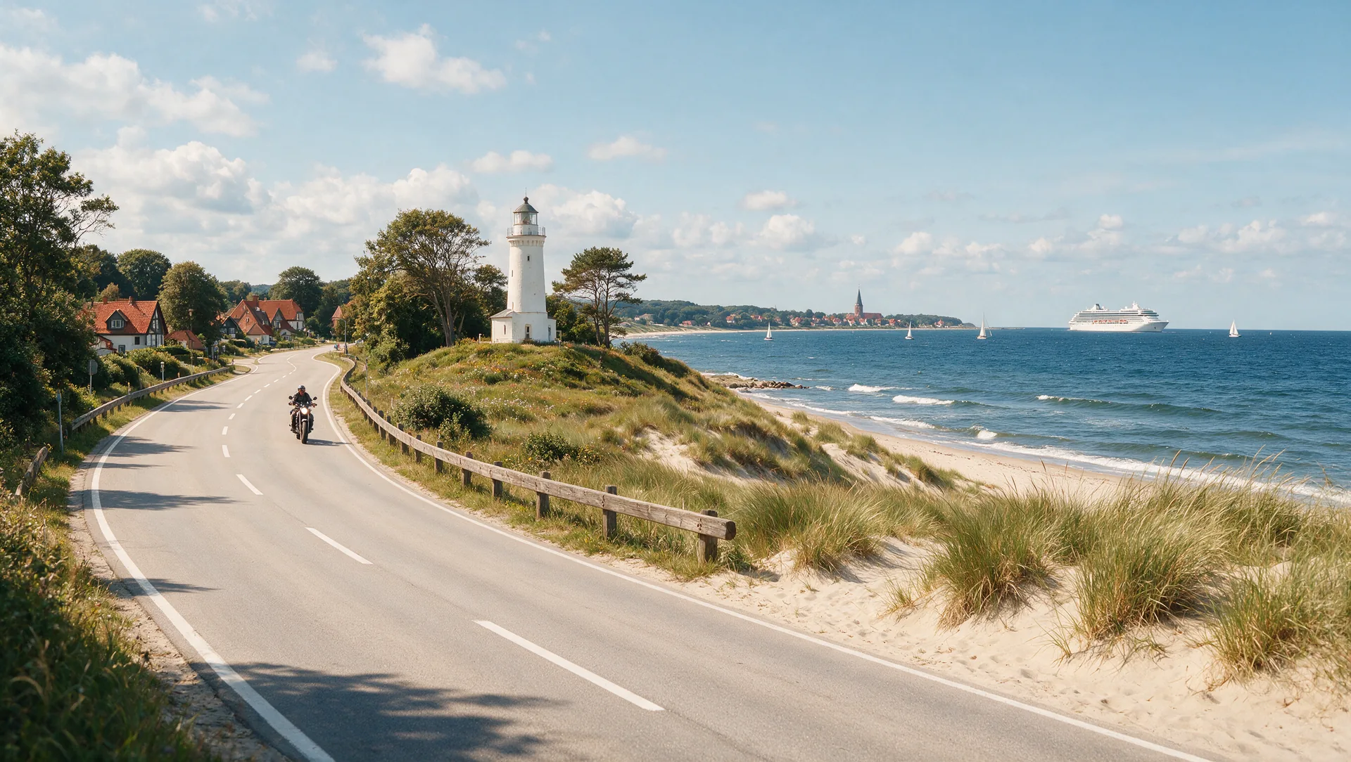 Motorradfahrer auf einer von Bäumen gesäumten Küstenstraße an der Ostsee, mit weißem Leuchtturm, Sandstrand mit Dünengras und tiefblauem Meer