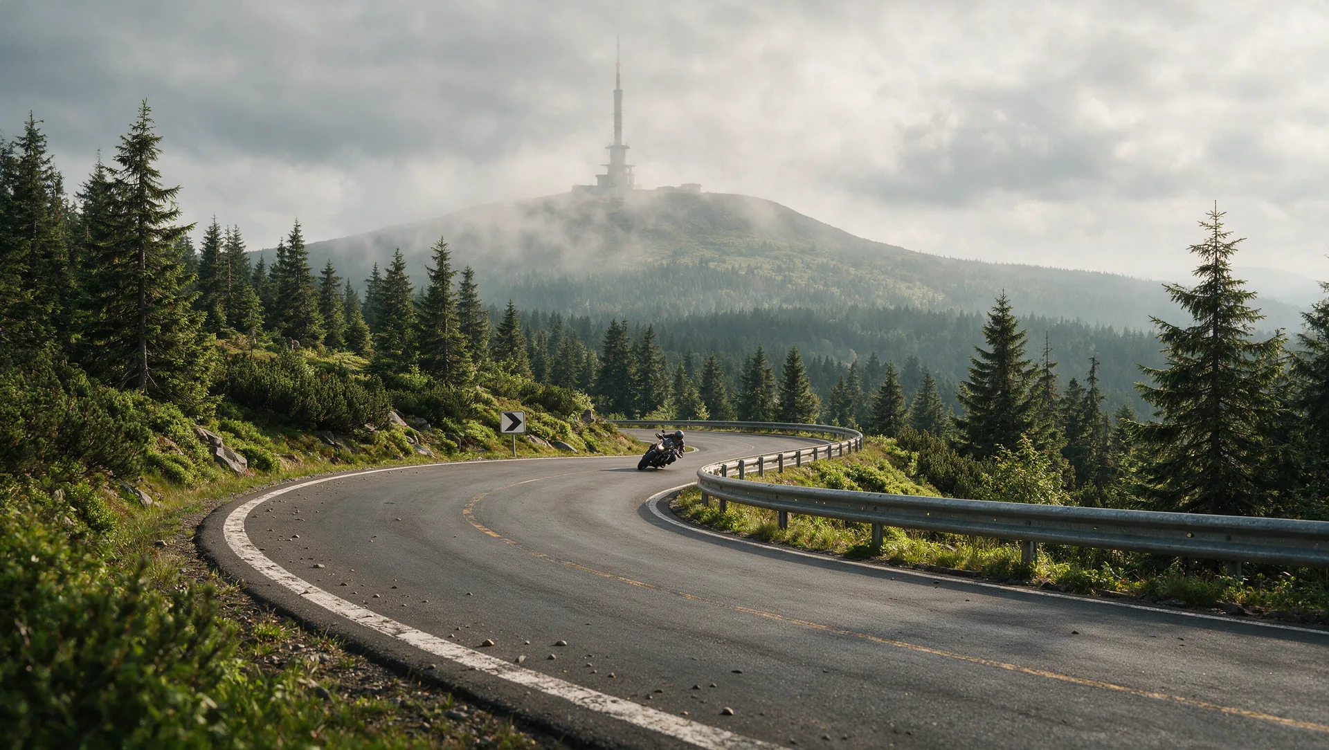 Motorradfahrer in Schräglage auf einer kurvigen Waldstraße im Harz, dichter Fichtenwald an den Hängen und der runde Brocken-Gipfel mit Sendeturm im nebligen Hintergrund