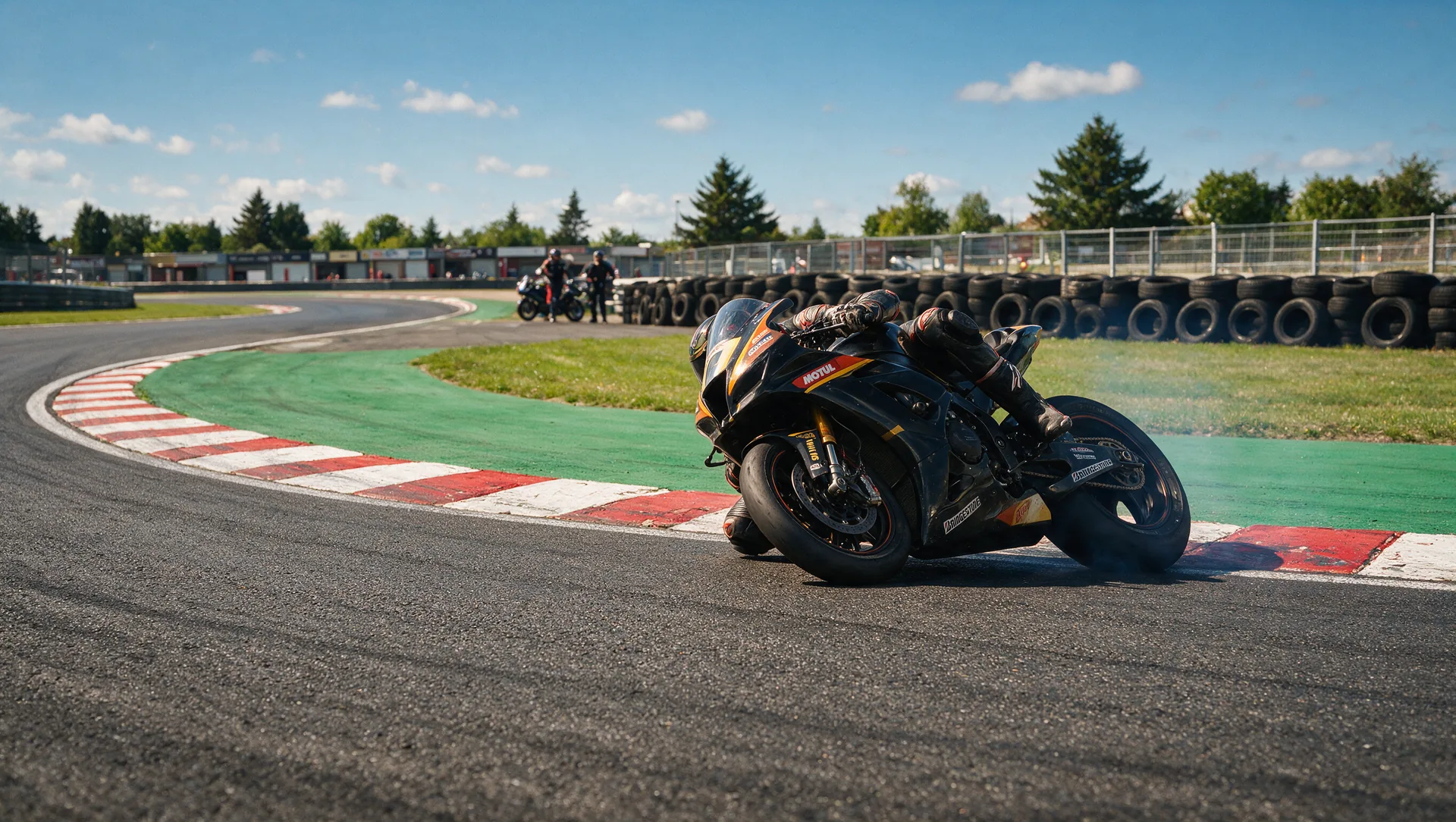 Motorradfahrer in Lederkombi in Schräglage am Kurvenausgang einer Rennstrecke, Knie nah am Asphalt, rot-weiße Curbs und grüne Auslaufzone im Hintergrund
