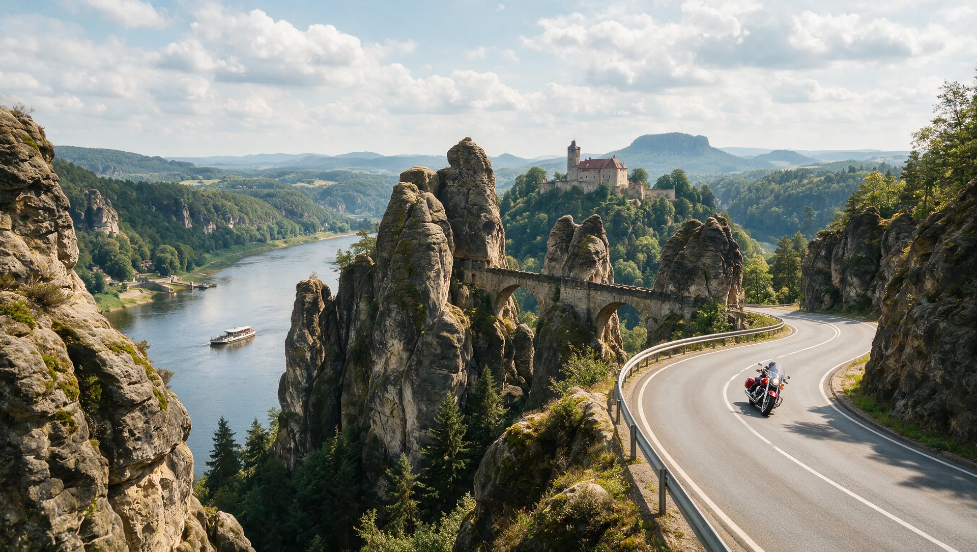 Motorradfahrer in Schräglage auf einer Straße im Elbtal, im Hintergrund die schroffen Sandsteinfelsen der Sächsischen Schweiz mit einer Felsbrücke, darunter der gewundene Fluss mit einer kleinen Fähre und eine Burg auf dem Bergrücken