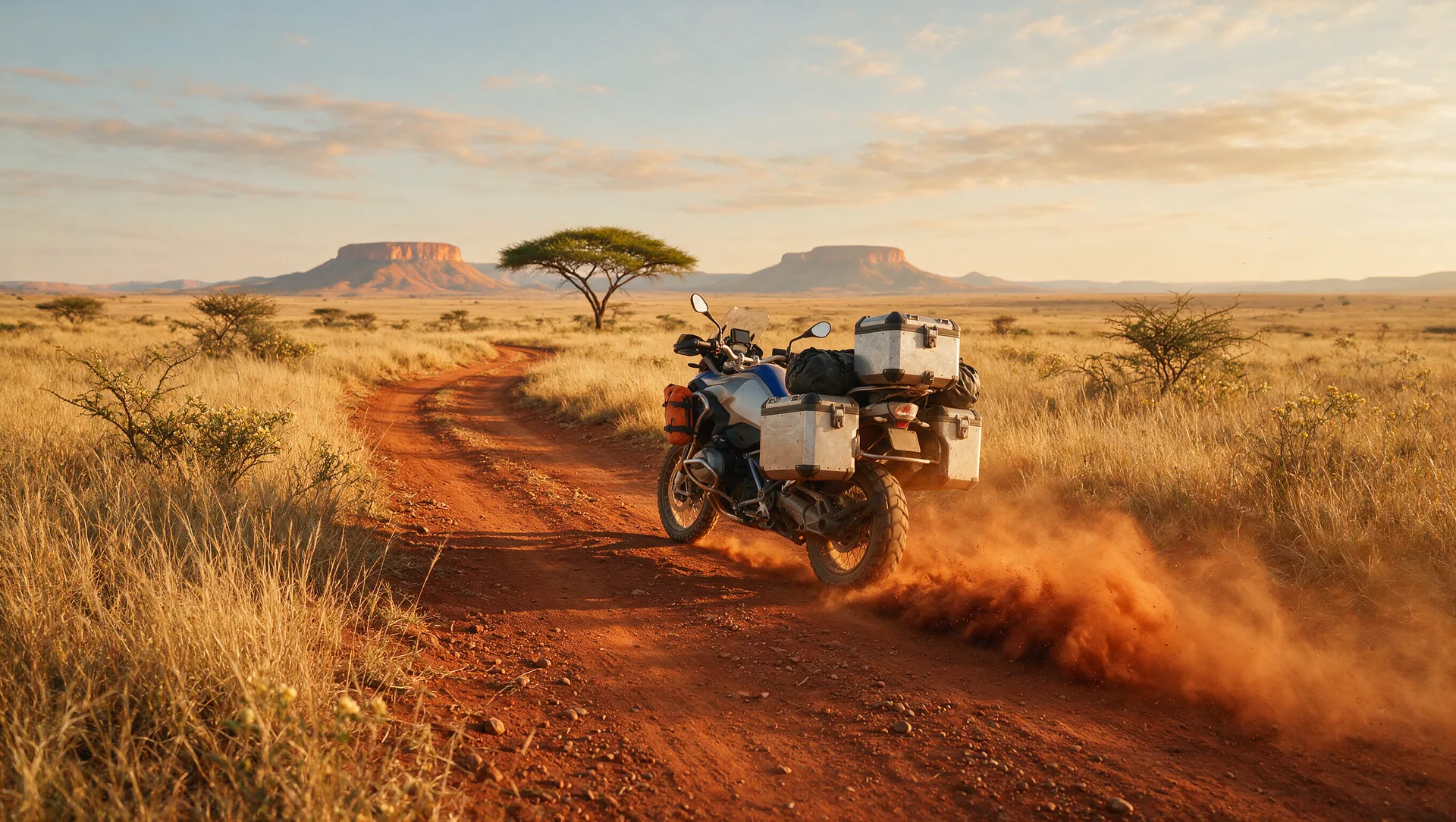 Beladenes Reiseenduro-Motorrad mit Alukoffern fährt über eine weite afrikanische Savannenpiste, einzelner Akazienbaum und Tafelberge am Horizont, Staubfahne hinter dem Hinterrad