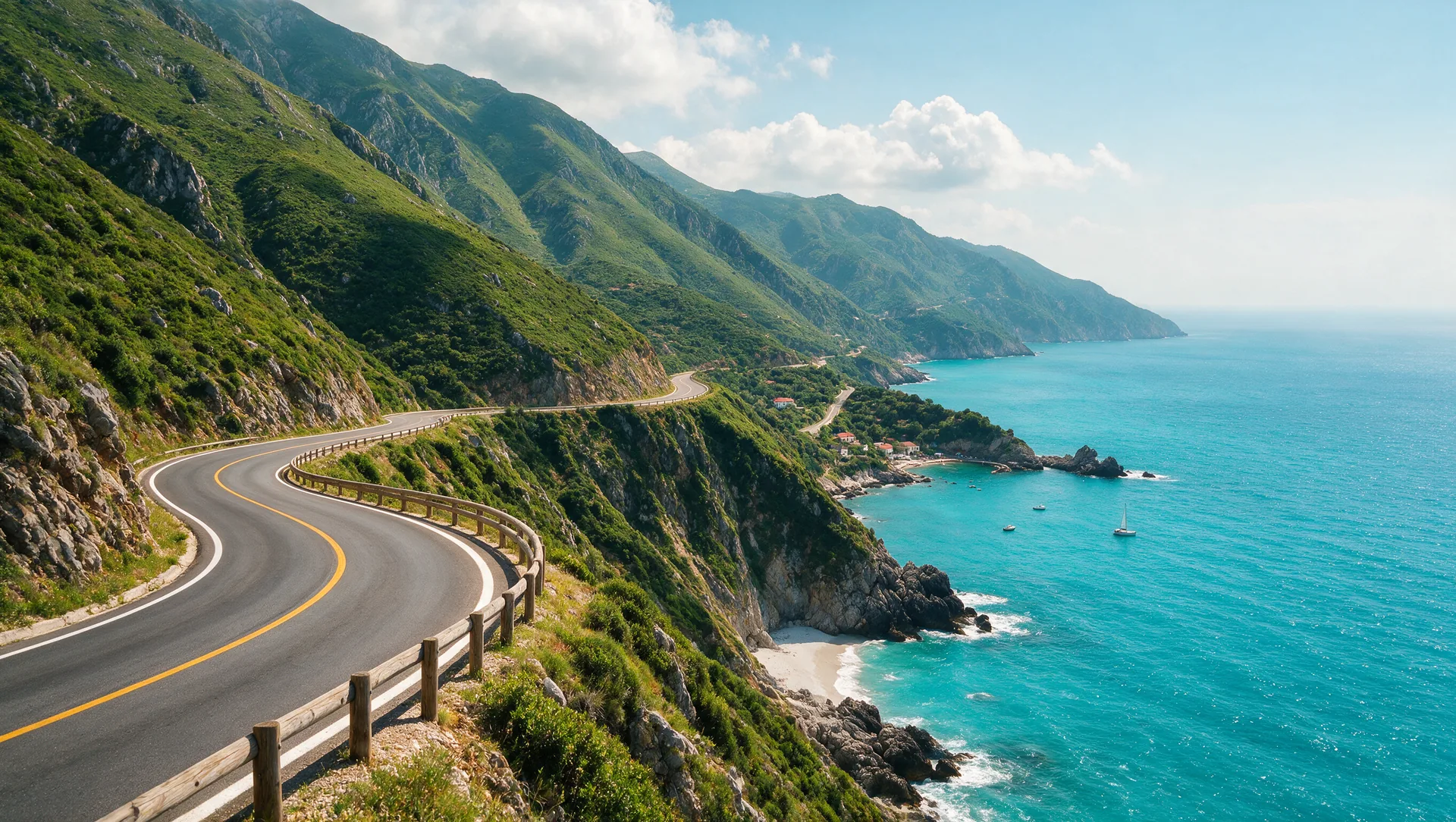 Kurvige Küstenstraße hoch über der türkisen Ionischen See an der Albanischen Riviera, steile grüne Berge fallen zum Ufer ab, sonniger Sommertag – Blick vom Llogara-Pass