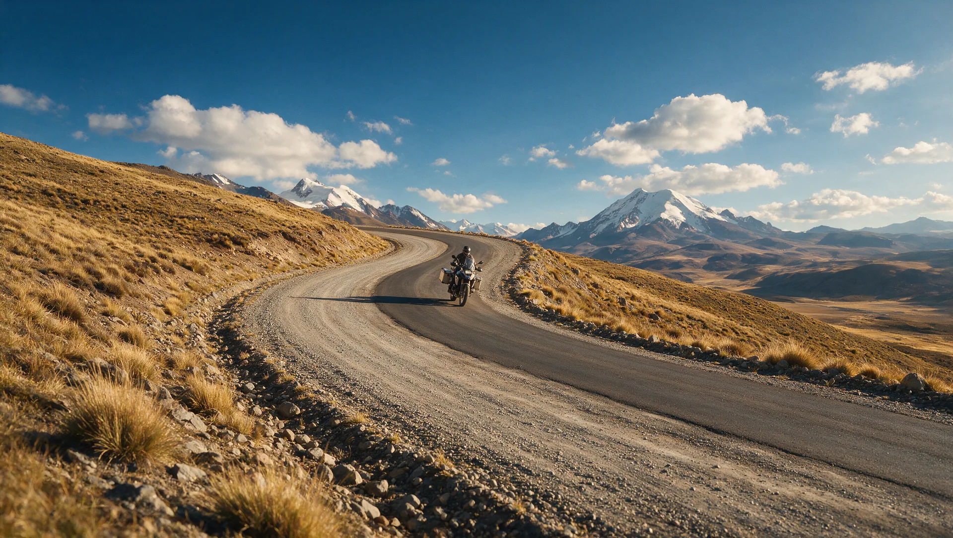 Reisemotorrad mit Alukoffern auf einer einsamen Gebirgsstraße hoch in den Anden Südamerikas, schneebedeckte Gipfel und weites Altiplano-Hochland im Hintergrund, tiefblauer Himmel im goldenen Abendlicht