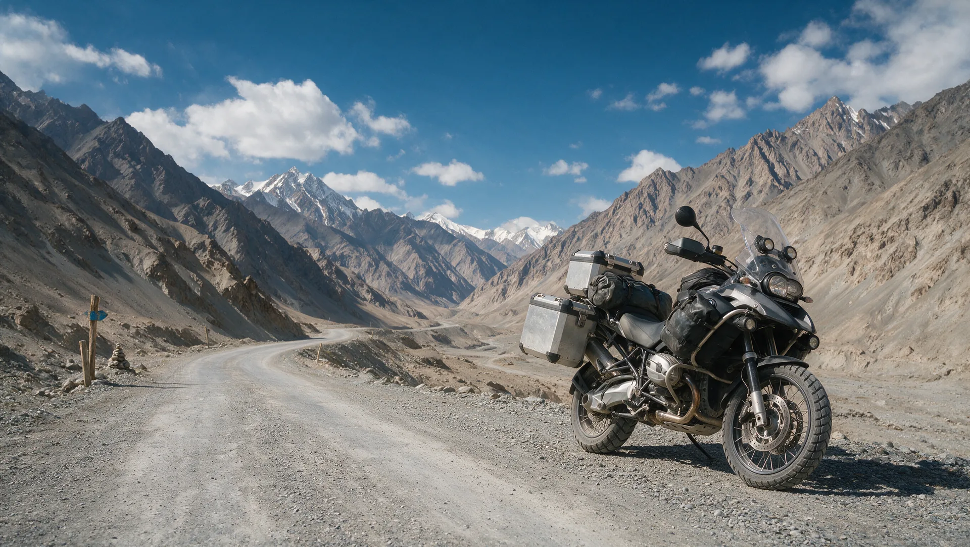 Voll beladenes Reiseenduro-Motorrad mit Alukoffern auf der Schotterpiste des Pamir Highway M41 in Tadschikistan, karge Hochgebirgslandschaft Zentralasiens mit schneebedeckten Gipfeln unter tiefblauem Himmel