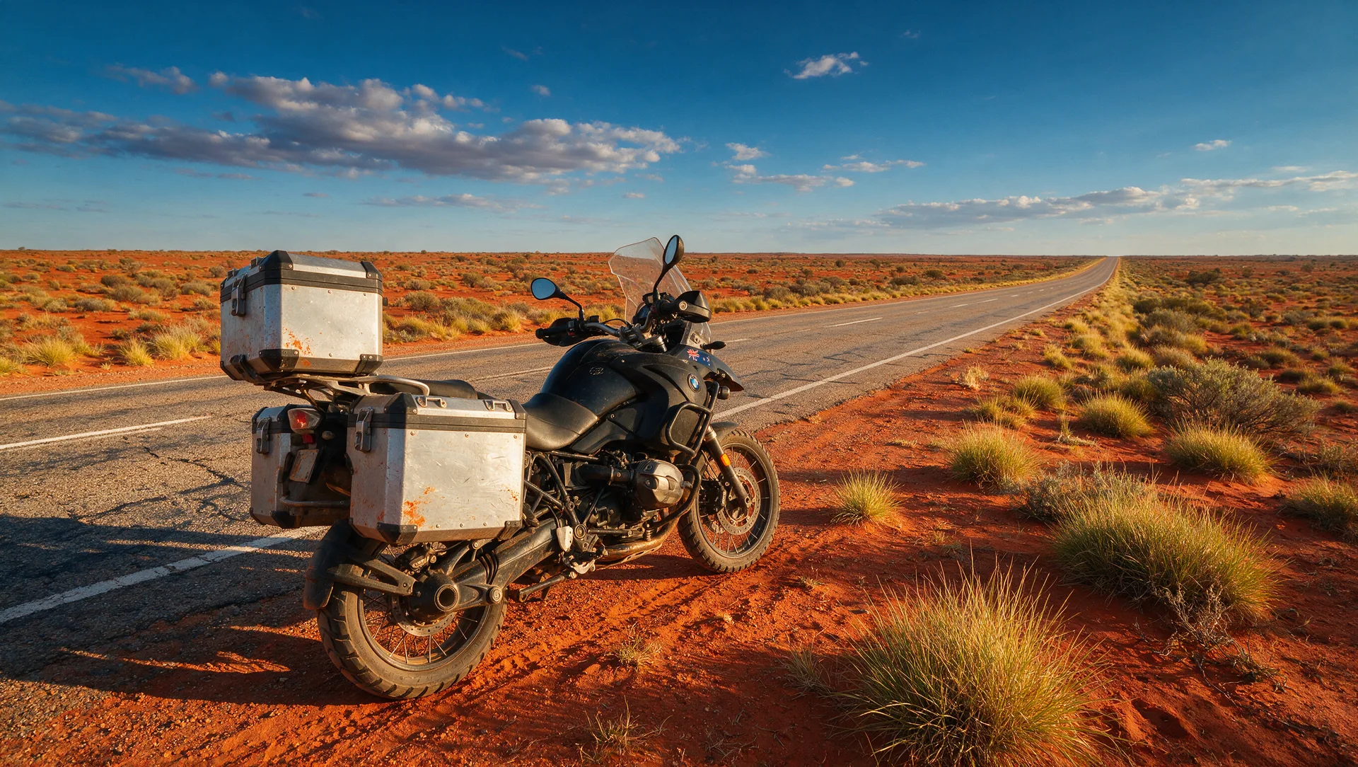 Reise-Enduro mit Alukoffern am Rand einer schnurgeraden Outback-Straße im roten Zentrum Australiens, rote Wüstenerde, Spinifex-Gras und tiefblauer Himmel im warmen Nachmittagslicht