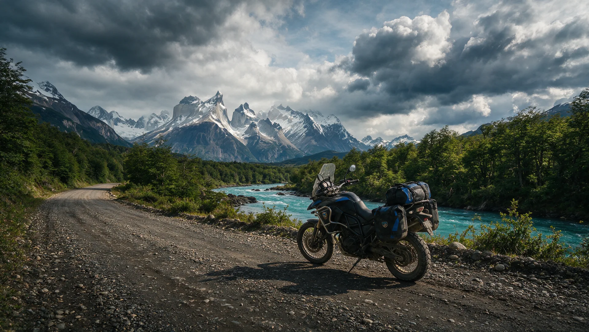 Einsames Adventure-Motorrad auf der geschotterten Carretera Austral in Chiles Patagonien, schneebedeckte Andengipfel, türkisfarbener Gletscherfluss und grüner Wald, die Piste windet sich in die Ferne