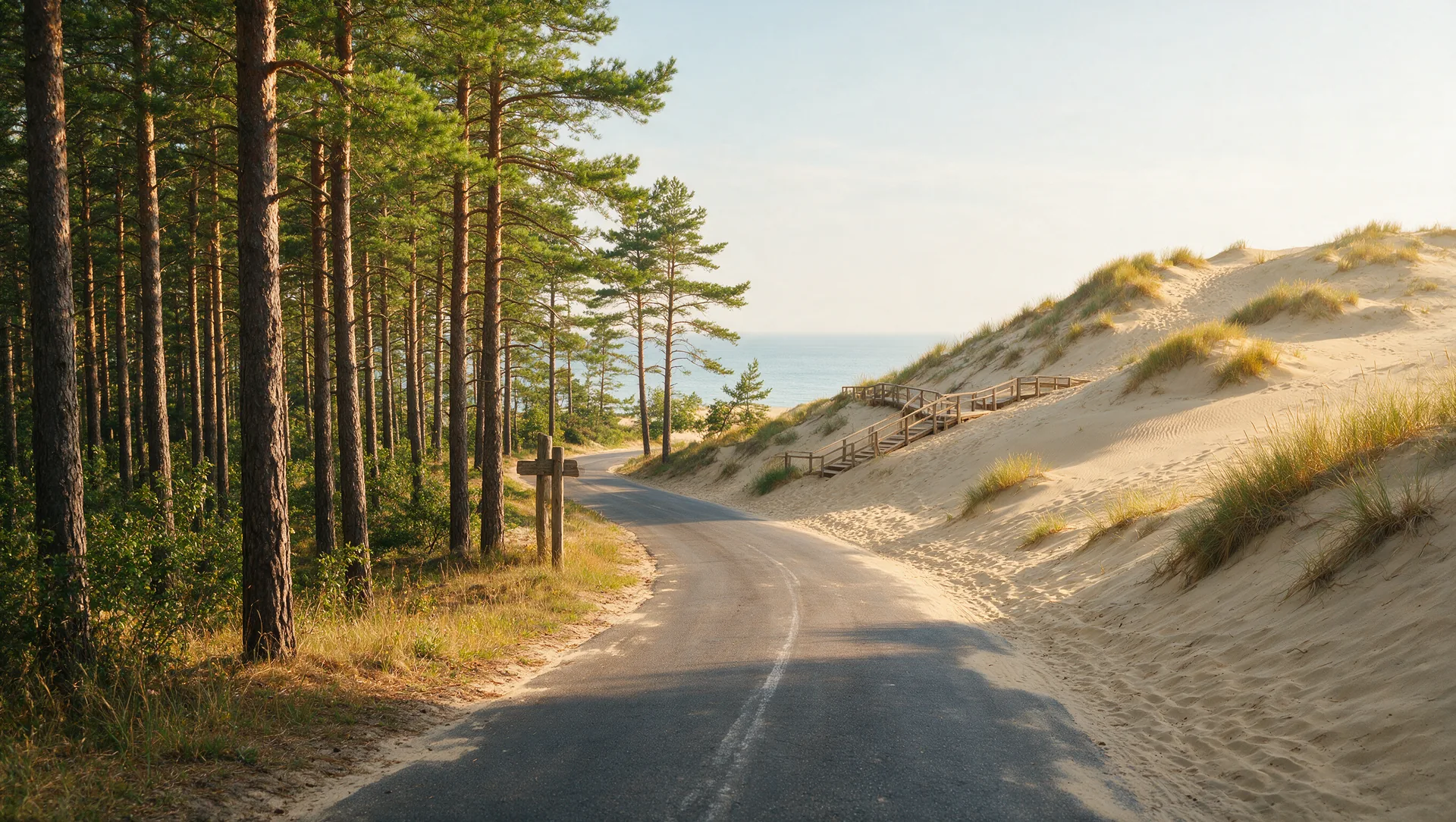 Leere, kurvige Asphaltstraße durch hohe Kiefern und Sanddünen auf der Kurischen Nehrung an der Ostsee, weiches Sommerlicht, ruhige See zwischen den Dünen