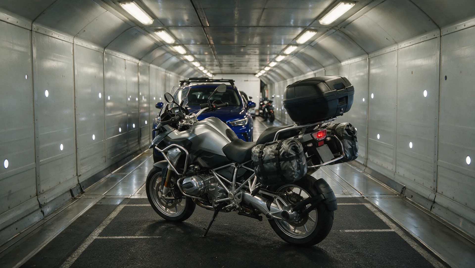 Motorrad auf dem Seitenständer im hell beleuchteten, engen Fahrzeugwaggon des Eurotunnel-Autozugs Le Shuttle, metallene Waggonwände und niedrige gewölbte Decke, davor ein geparktes Auto