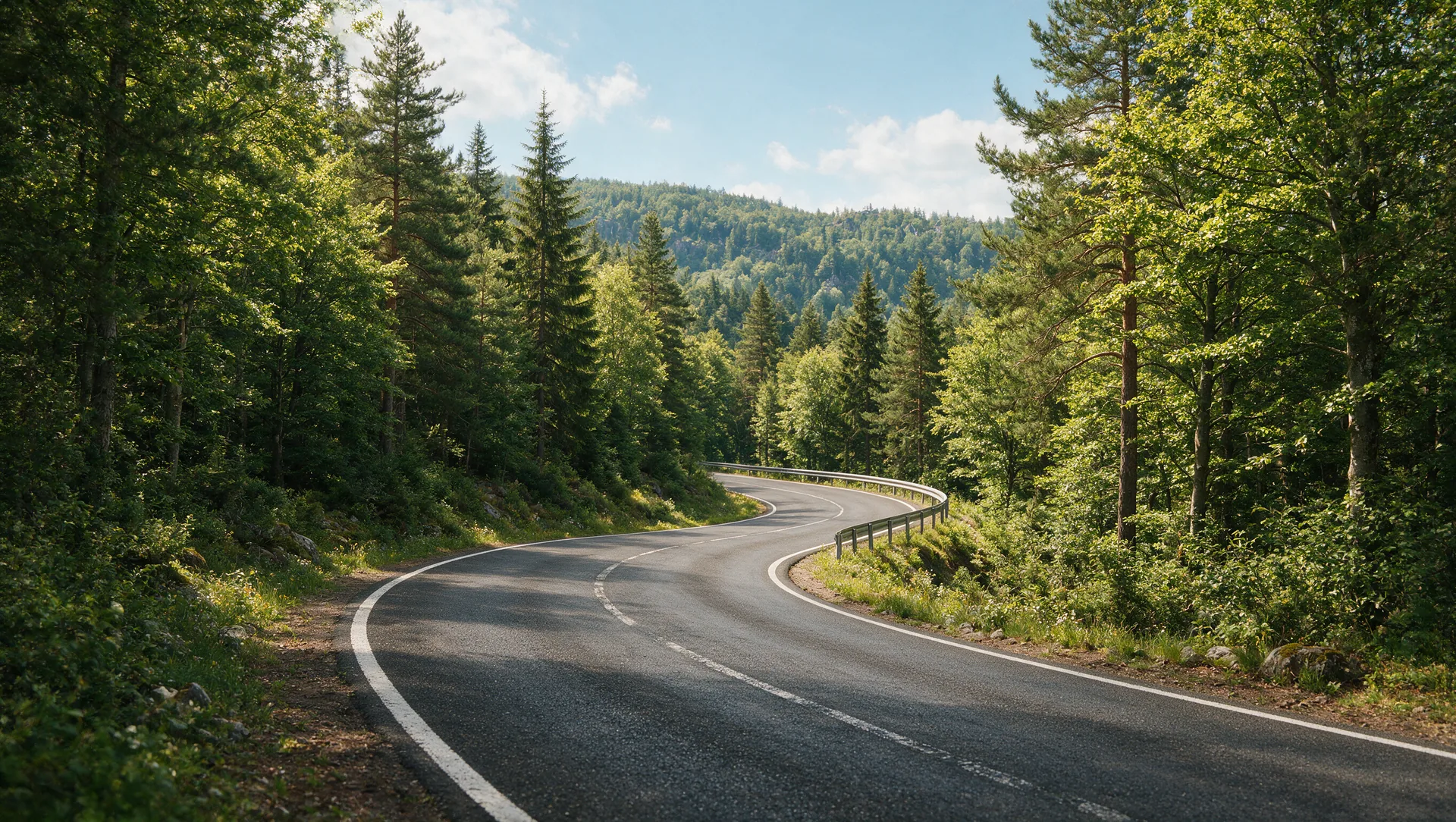 Leere, kurvige Asphaltstraße, die sich durch dichten grünen Nadel- und Buchenwald der Harzer Mittelgebirgslandschaft schlängelt, bewaldete Hügel im Hintergrund bei warmem Sommerlicht