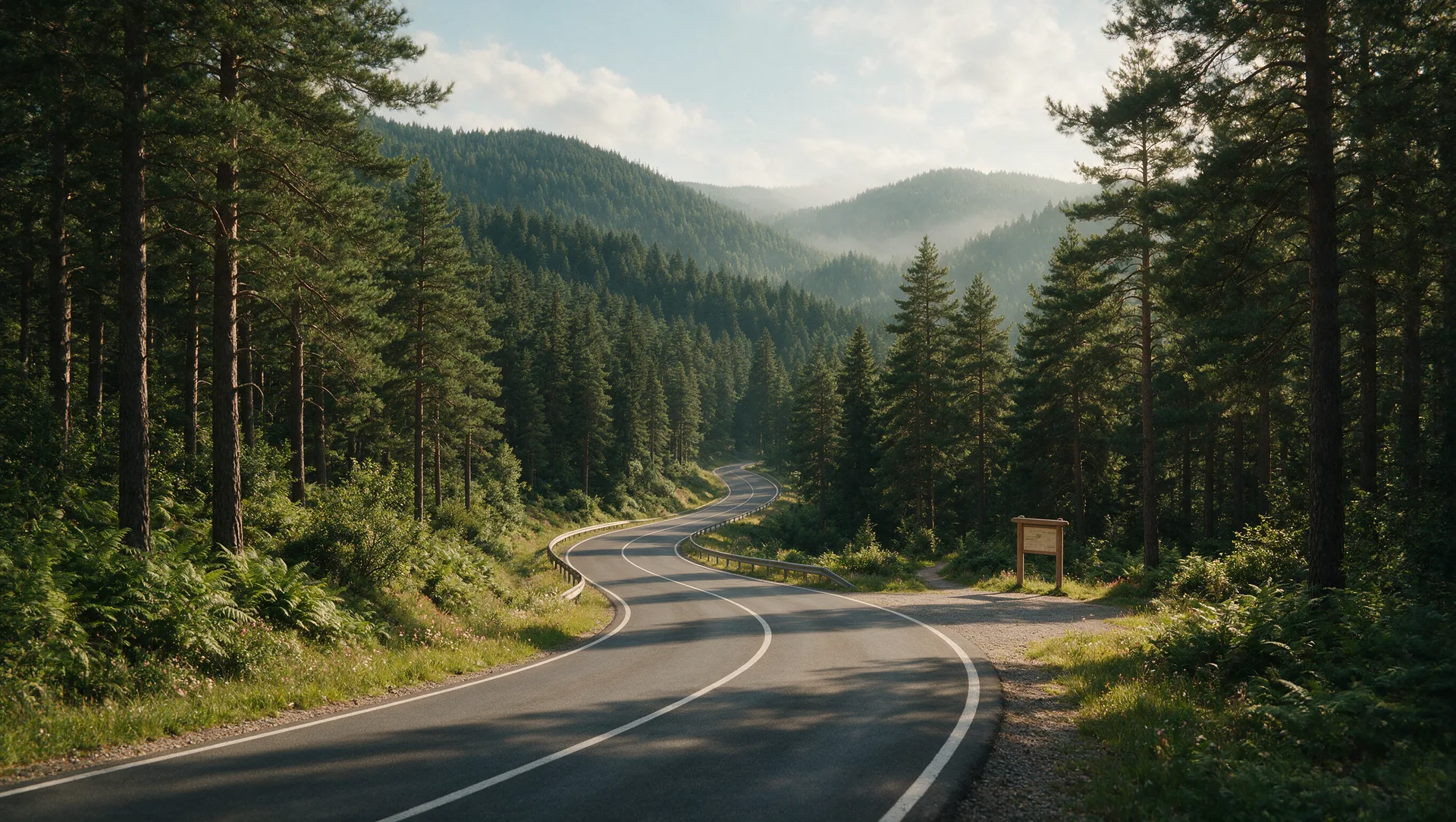 Leere, kurvige Asphaltstraße, die sich durch den dichten dunkelgrünen Nadelwald des Schwarzwalds schlängelt, bewaldete Bergrücken im Dunst des Hintergrunds bei warmem Sommerlicht