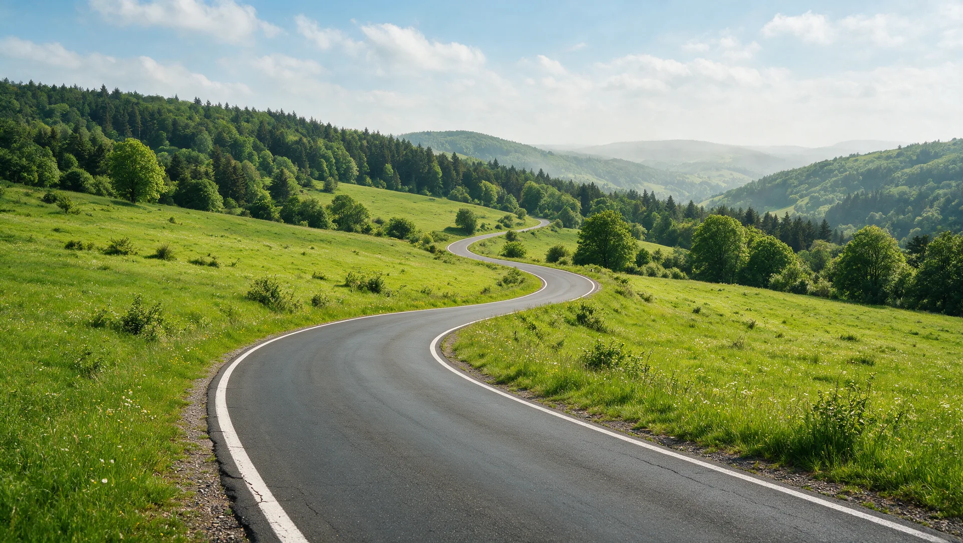 Leere, kurvige Asphaltstraße, die sich durch grüne, bewaldete Hügel eines deutschen Mittelgebirges schlängelt, sanfte Täler und Waldrücken im Dunst bei sonnigem Sommerwetter
