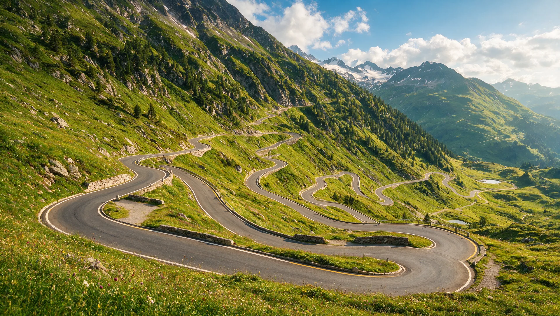 Kurvenreiche Alpen-Passstraße mit zahlreichen Serpentinen und Spitzkehren, die sich einen grünen Berghang hinaufschlängelt, schneebedeckte Alpengipfel unter blauem Sommerhimmel im Hintergrund