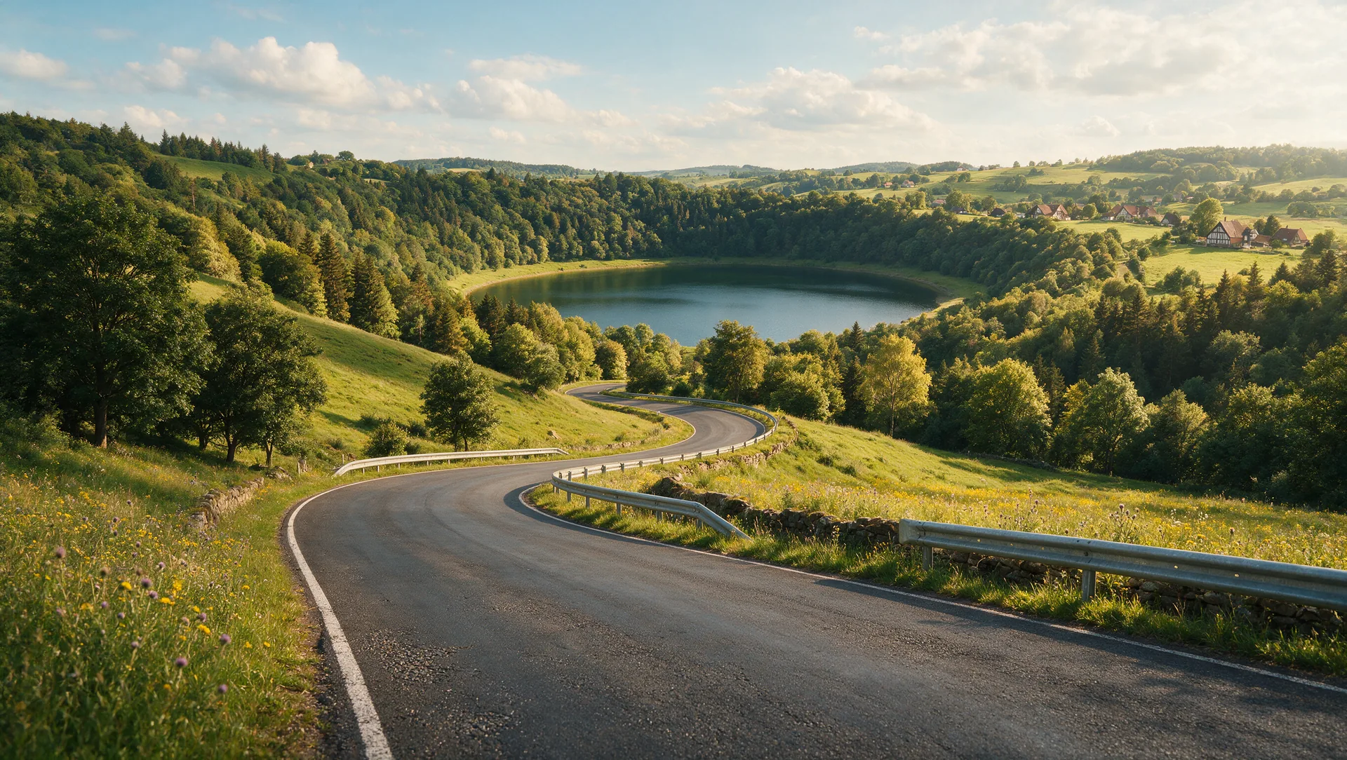Leere, kurvige Asphaltstraße, die sich durch die grünen, bewaldeten Hügel der Eifel schlängelt, im Hintergrund ein rundes, blaugrünes Vulkanmaar bei warmem Sommerlicht