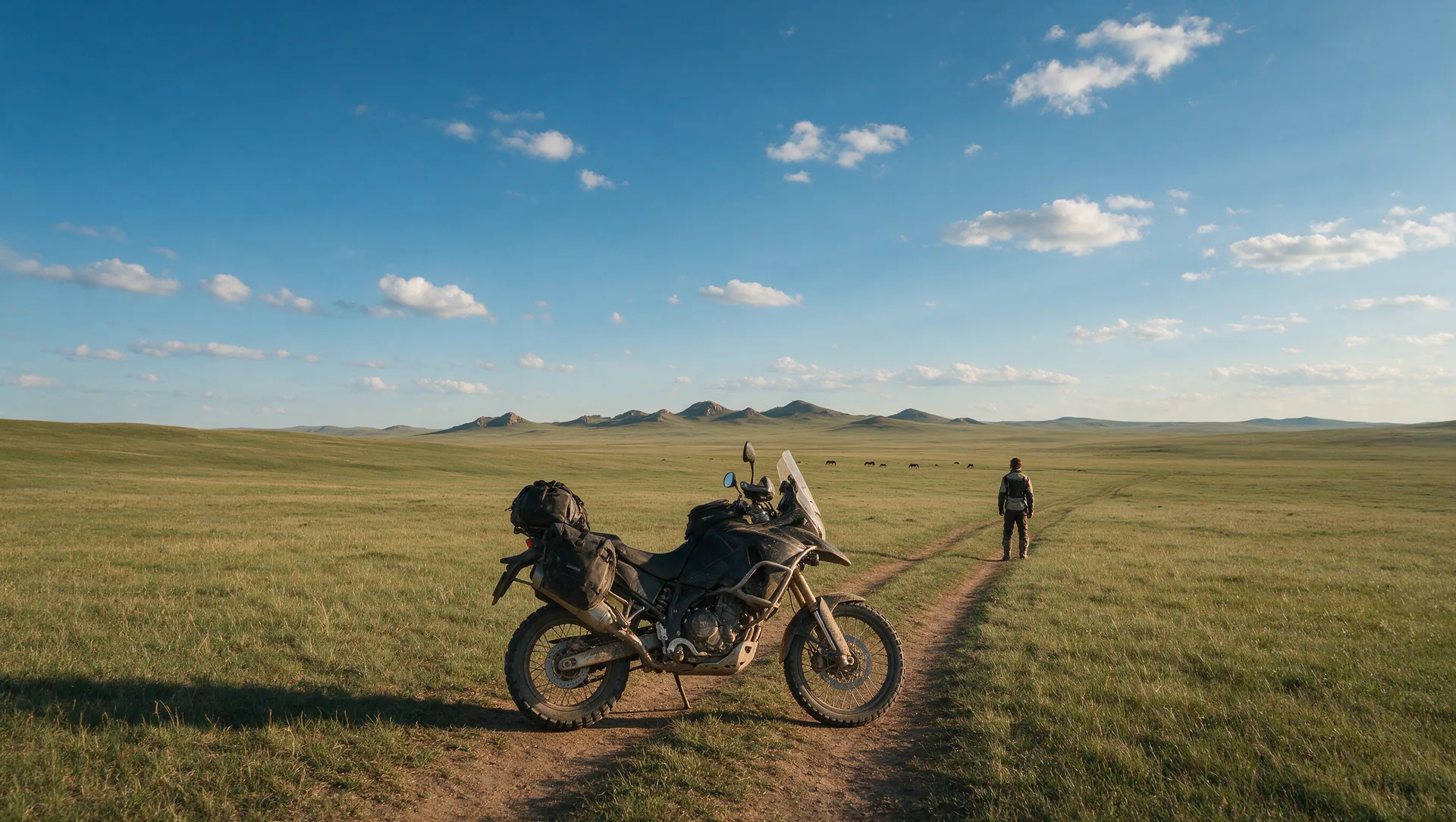 Beladenes Reiseenduro-Motorrad auf einer schwach ausgeprägten Erdpiste durch die endlose grün-braune Steppe der Mongolei unter riesigem blauem Himmel mit fernen Hügeln