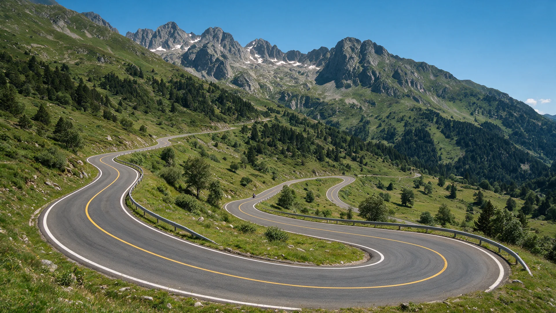 Kurvenreiche Pyrenäen-Passstraße mit mehreren Serpentinen, die sich durch ein grünes Bergtal hinabschlängelt, schroffe Felsgipfel unter blauem Sommerhimmel und ein einzelner Motorradfahrer auf der Straße