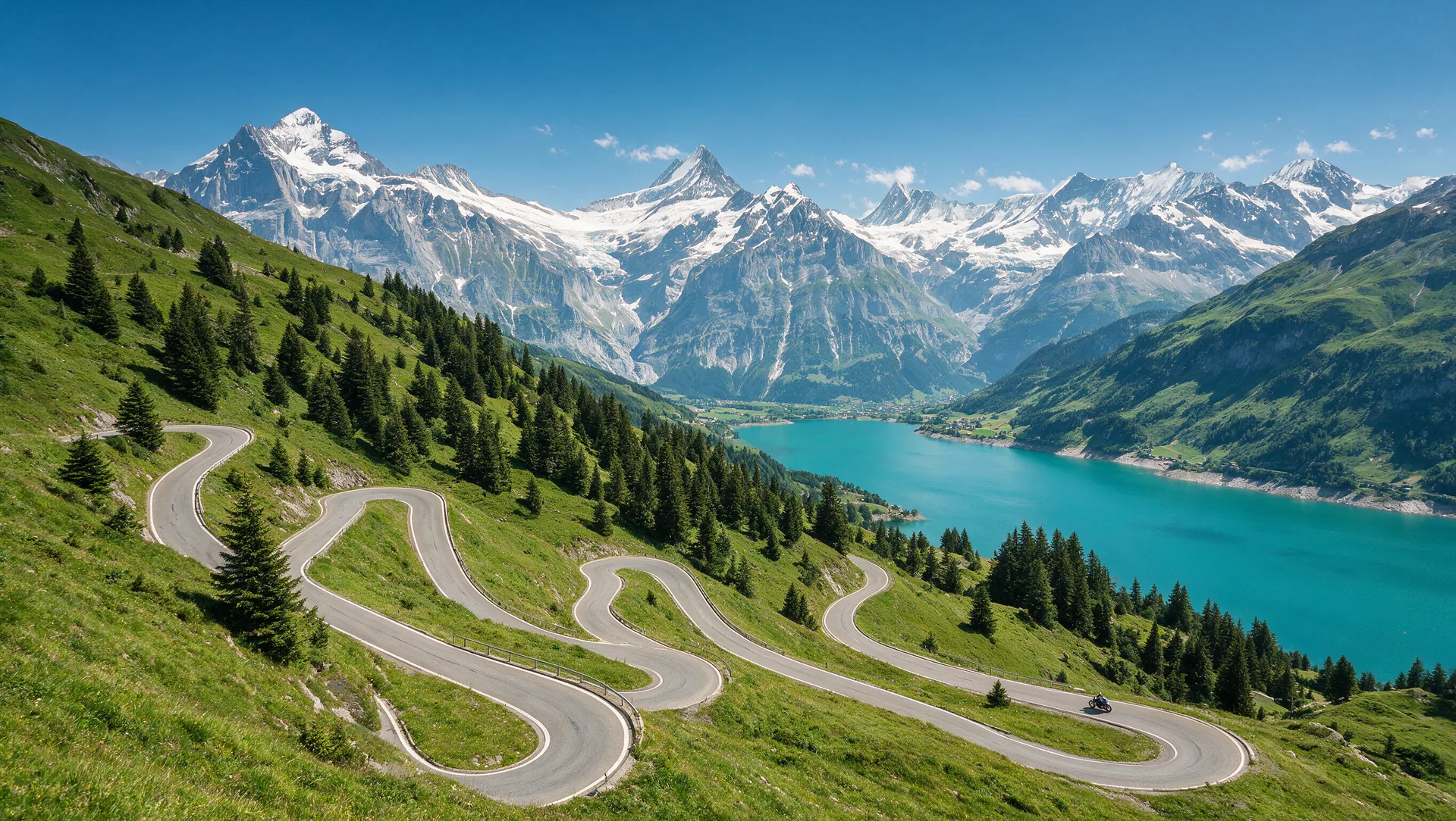 Motorradfahrer auf einer kurvenreichen Schweizer Alpen-Passstraße mit engen Serpentinen an einem grünen Berghang, schneebedeckte Alpengipfel und ein türkisfarbener Bergsee im Hintergrund unter blauem Sommerhimmel