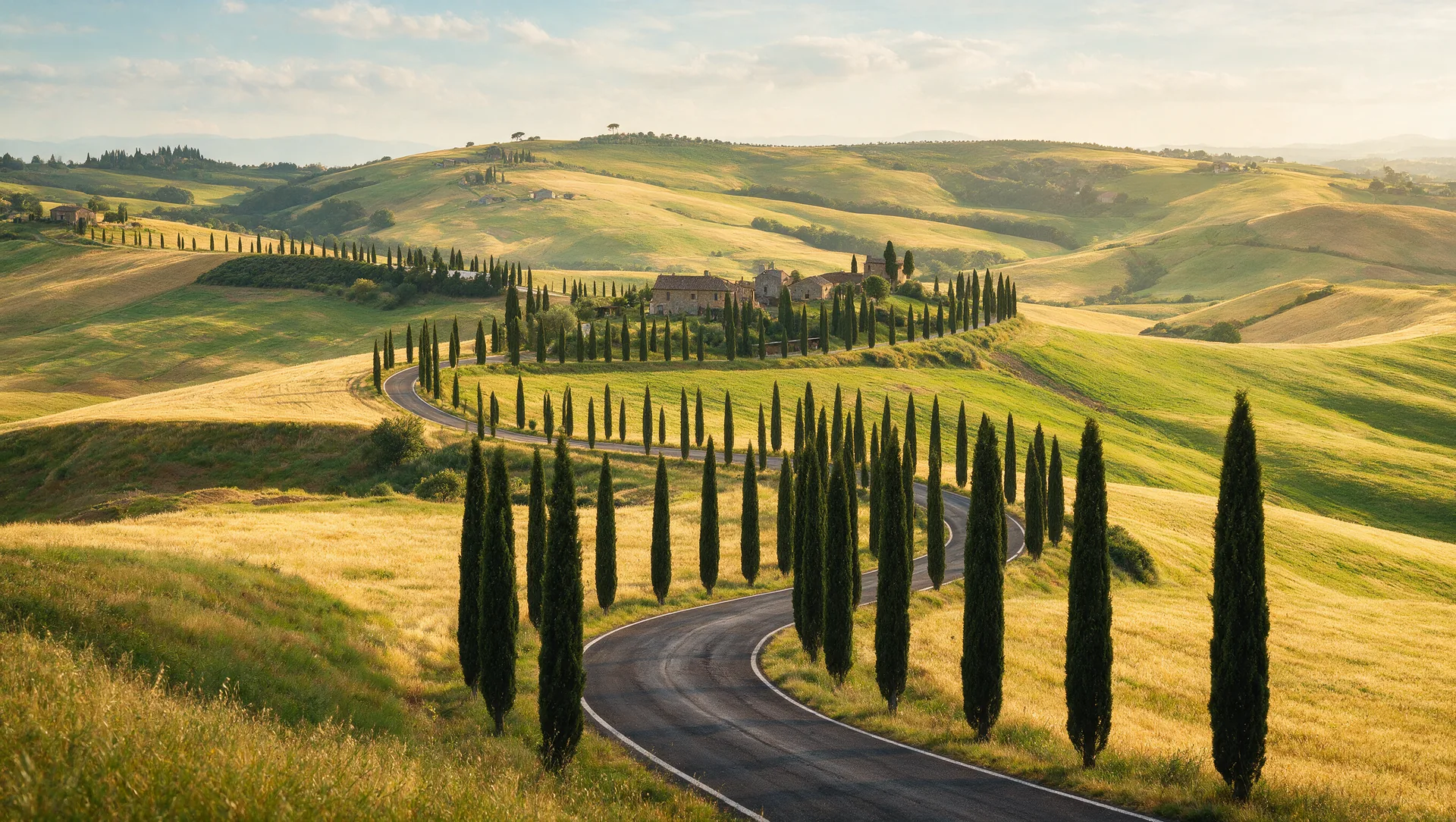 Kurvenreiche Landstraße, die sich durch die sanften Hügel der Val d'Orcia in der Toskana schlängelt, gesäumt von hohen Zypressen, im warmen Abendlicht ein Dorf auf einem Hügel am Horizont