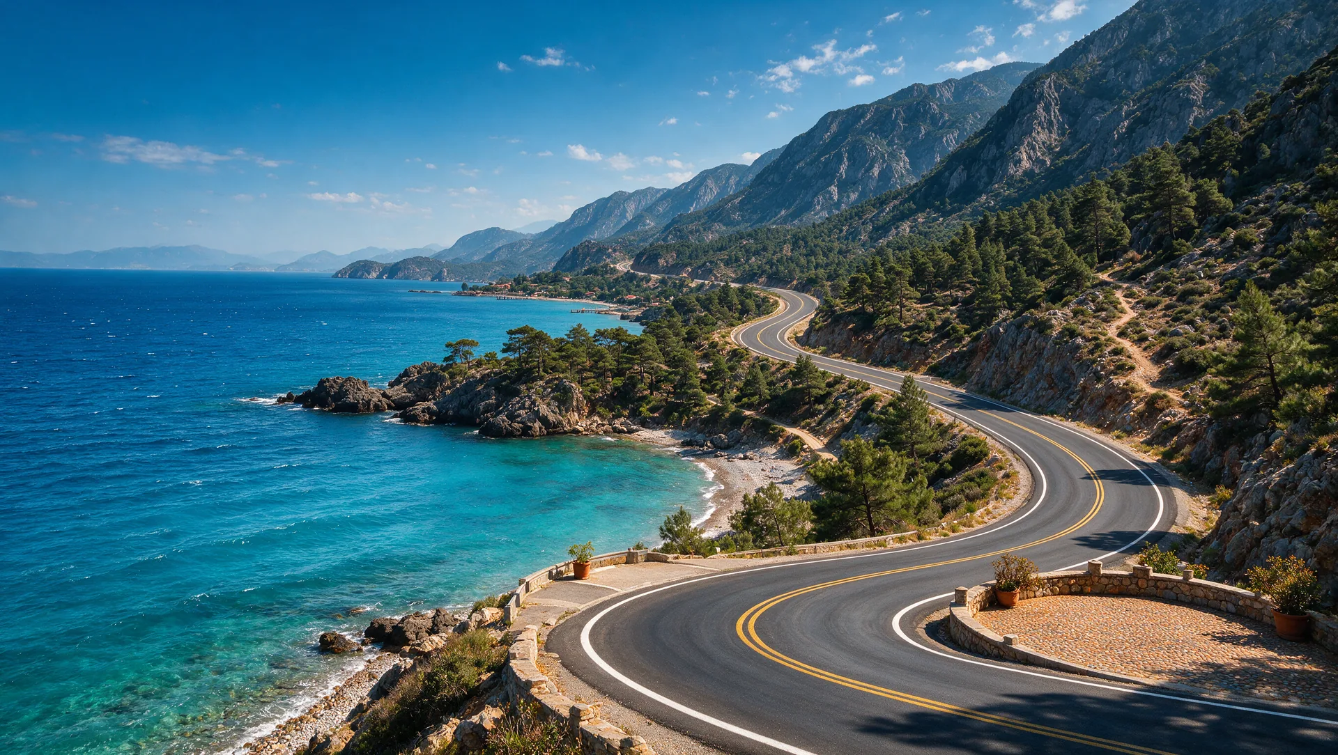 Kurvenreiche, leere Küstenstraße entlang der türkisblauen Lykischen Küste im Süden der Türkei, bewaldete Taurusberge fallen steil zum tiefblauen Mittelmeer ab, sonniger Tag