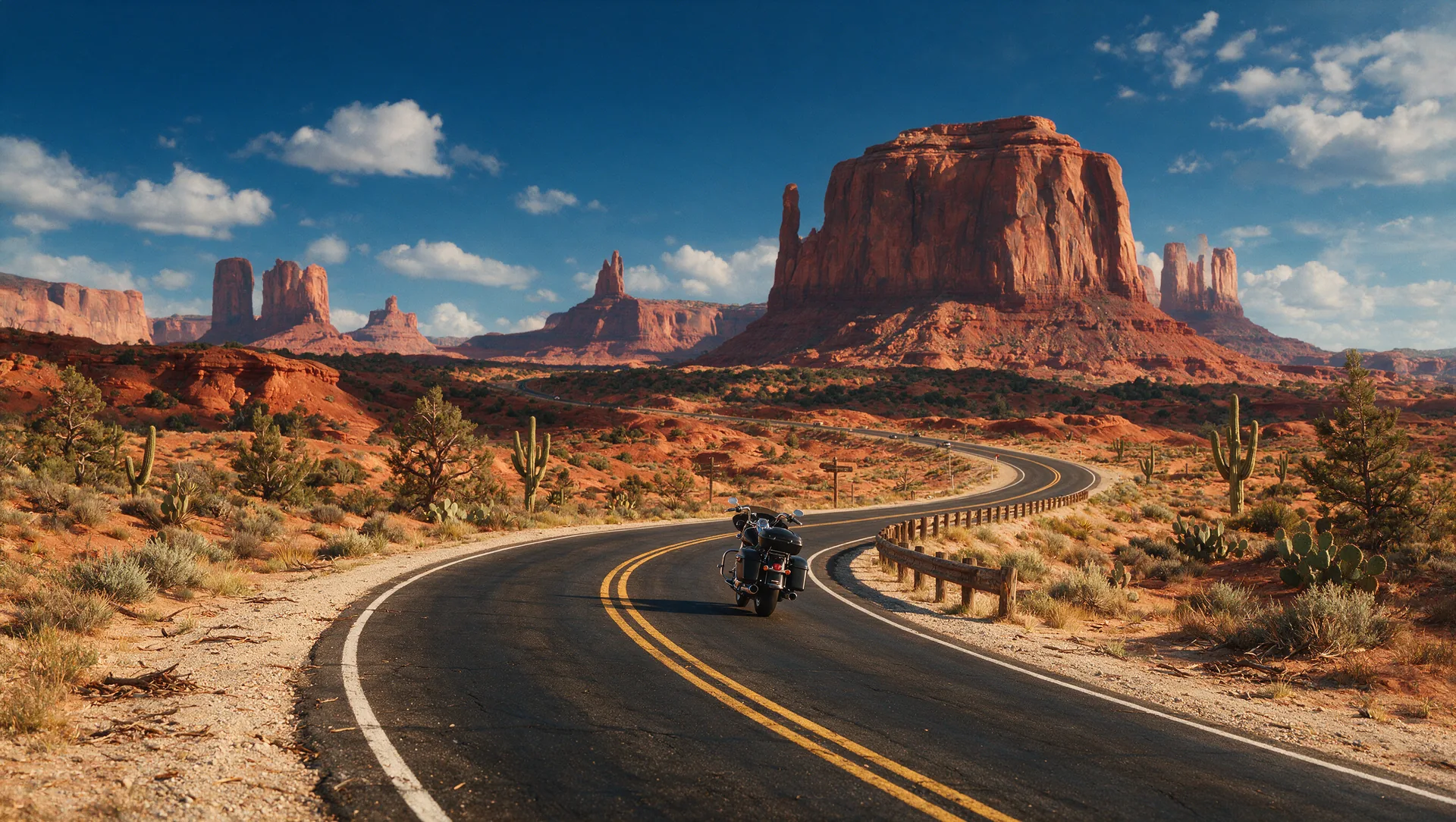 Kurvenreiche Wüstenstraße im amerikanischen Südwesten, die auf rote Sandsteinfelsen und die Buttes des Monument Valley zuläuft, ein Motorrad fährt bei blauem Himmel in die Weite